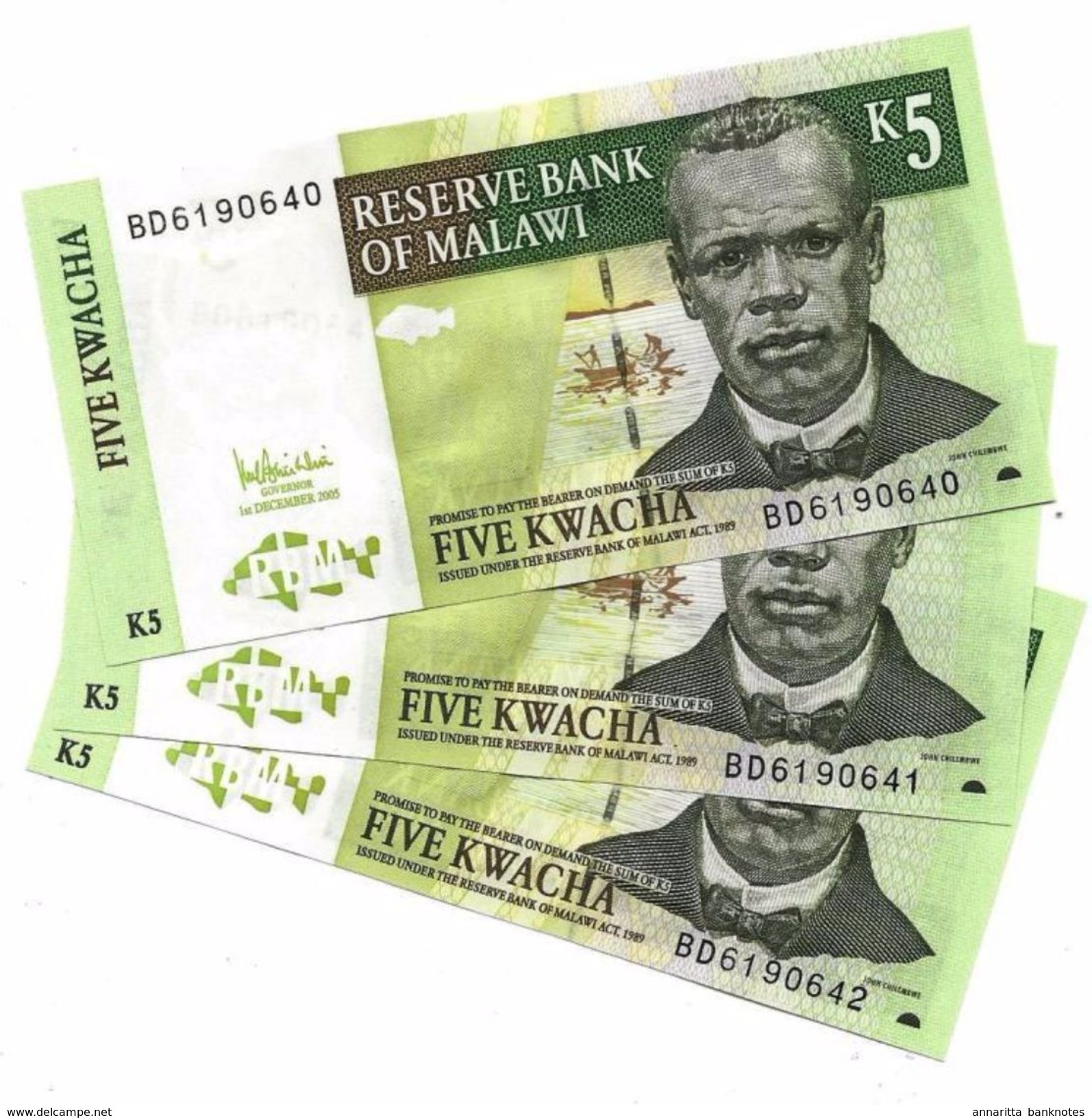 Malawi (RBM) 5 Kwacha 2005 Cat No. P-36c / MW136c   3pcs - Malawi