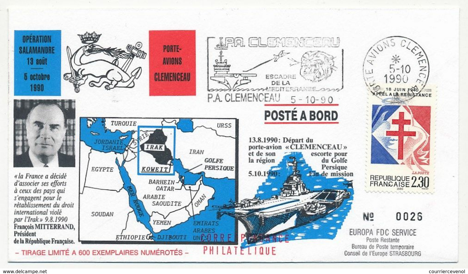 Env. Type FDC OMEC "P.A. CLEMENCEAU" 5.10.1990 - Opération Salamandre - Posta Marittima