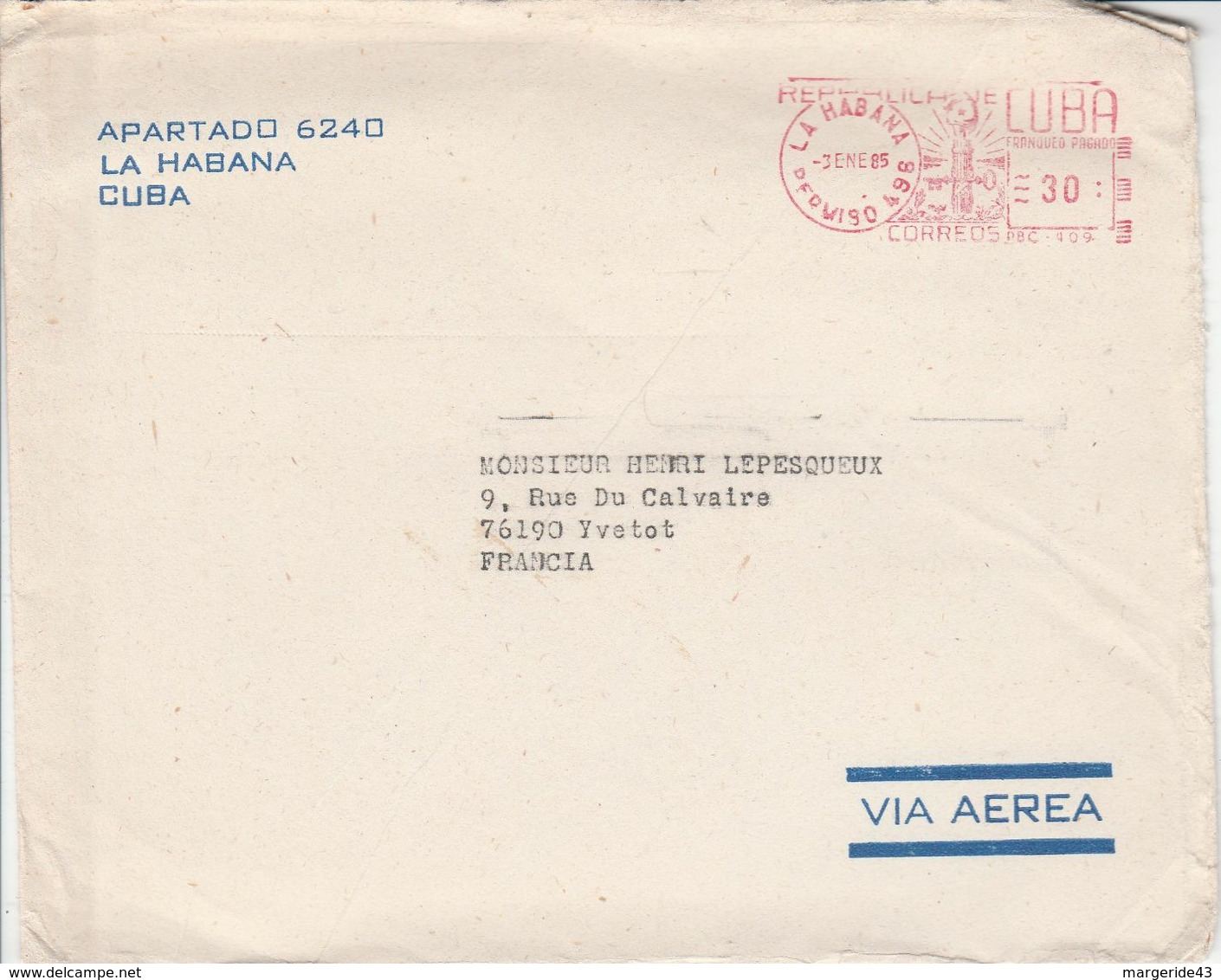 CUBA EMA DE LA HAVANE POUR LA FRANCE 1985 - Briefe U. Dokumente