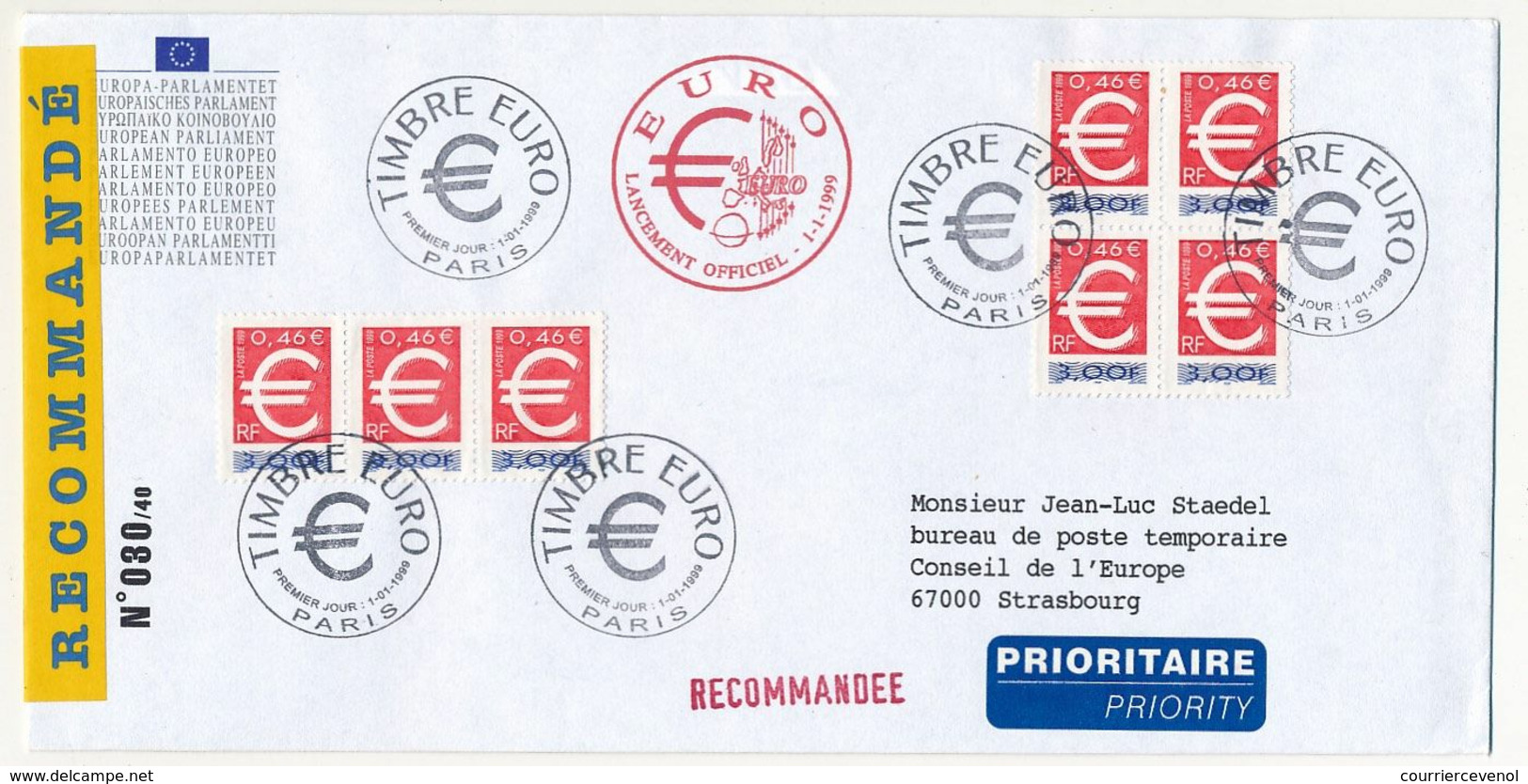 7 Valeurs 0,46 EUROS Sur Env. Recommandée R1 - Cachet 1er Jour "Timbre Euro" Paris - 1/01/1999 - Briefe U. Dokumente