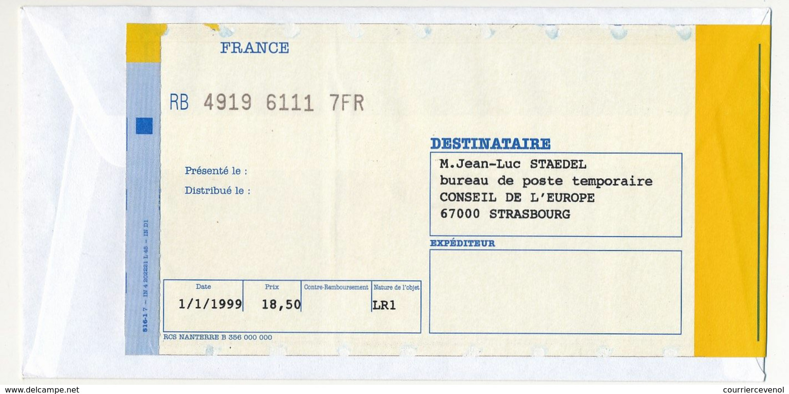 7 Valeurs 0,46 EUROS Sur Env. Recommandée R1 - Cachet 1er Jour "Timbre Euro" Paris - 1/01/1999 - Cartas & Documentos