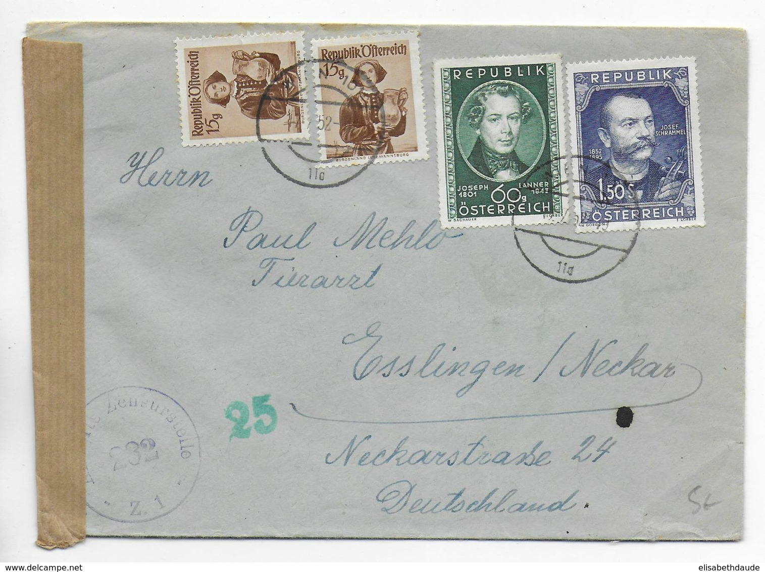 AUTRICHE - 1952 - ENVELOPPE Avec CENSURE De WIEN => ESSLINGEN (GERMANY) - Brieven En Documenten