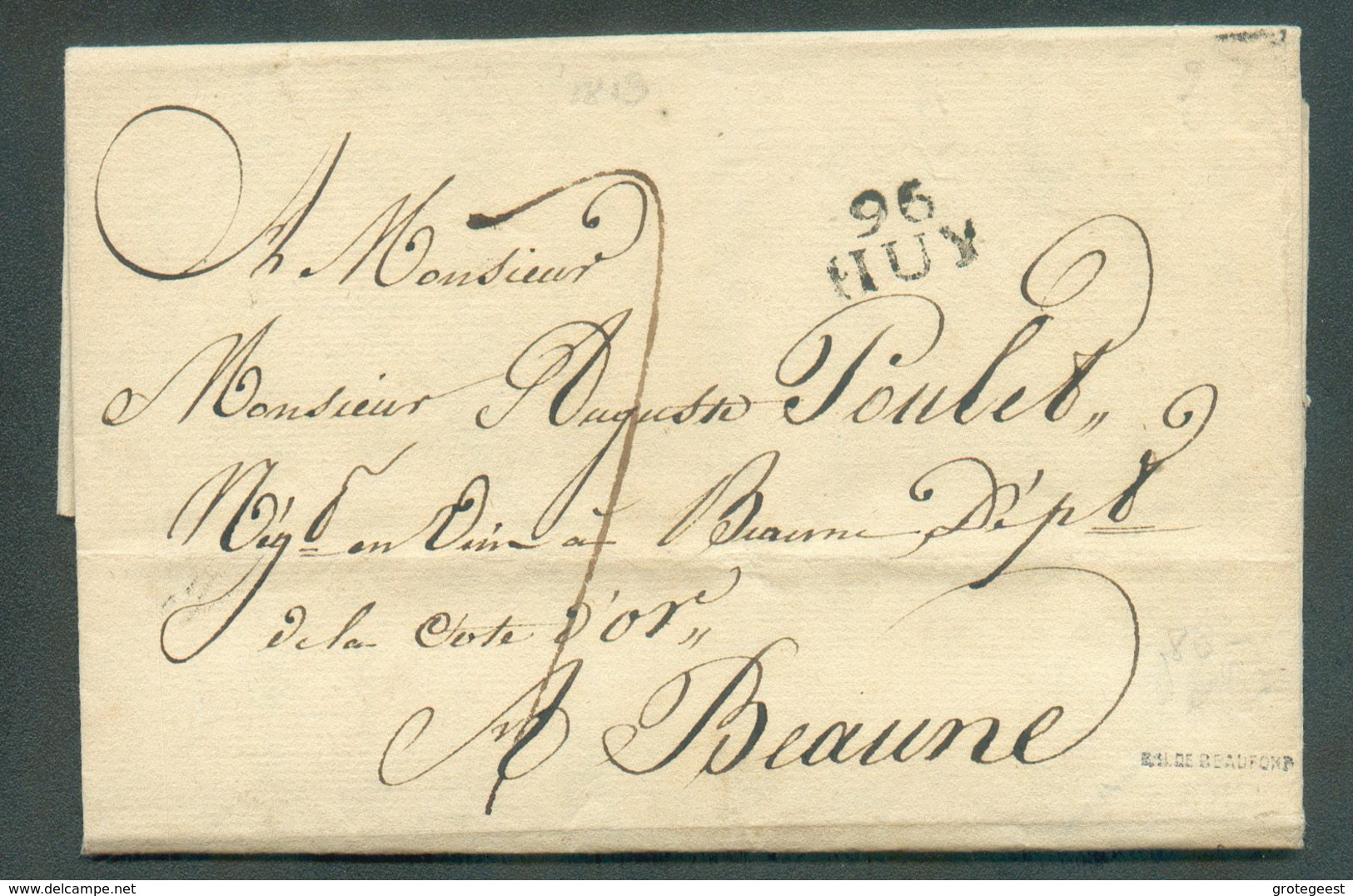 LAC De Huy Le 29 Mai 1813  (griffe Noire 96/HUY) Vers Beaune - Port 7 Décimes. -  Belle Fraîcheur.  15953 - 1794-1814 (French Period)