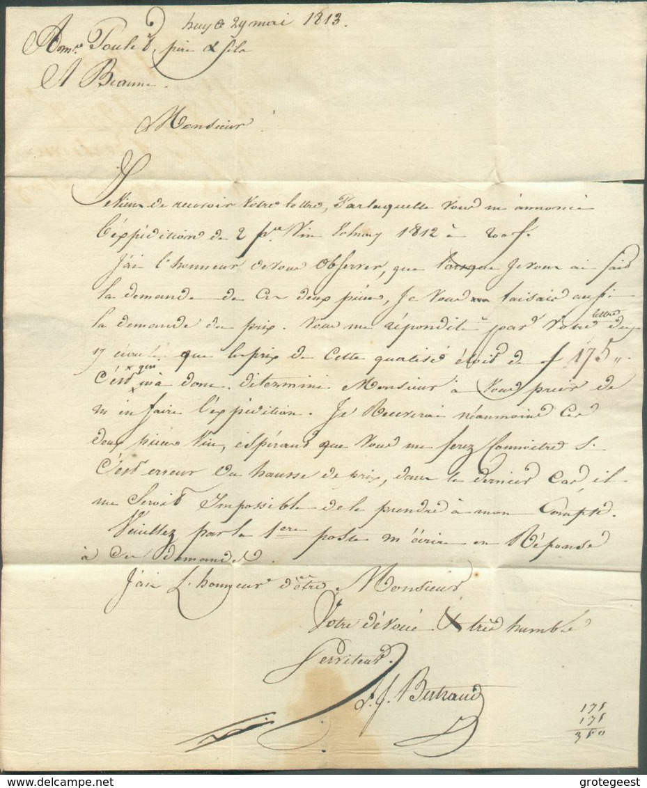 LAC De Huy Le 29 Mai 1813  (griffe Noire 96/HUY) Vers Beaune - Port 7 Décimes. -  Belle Fraîcheur.  15953 - 1794-1814 (Periodo Frances)