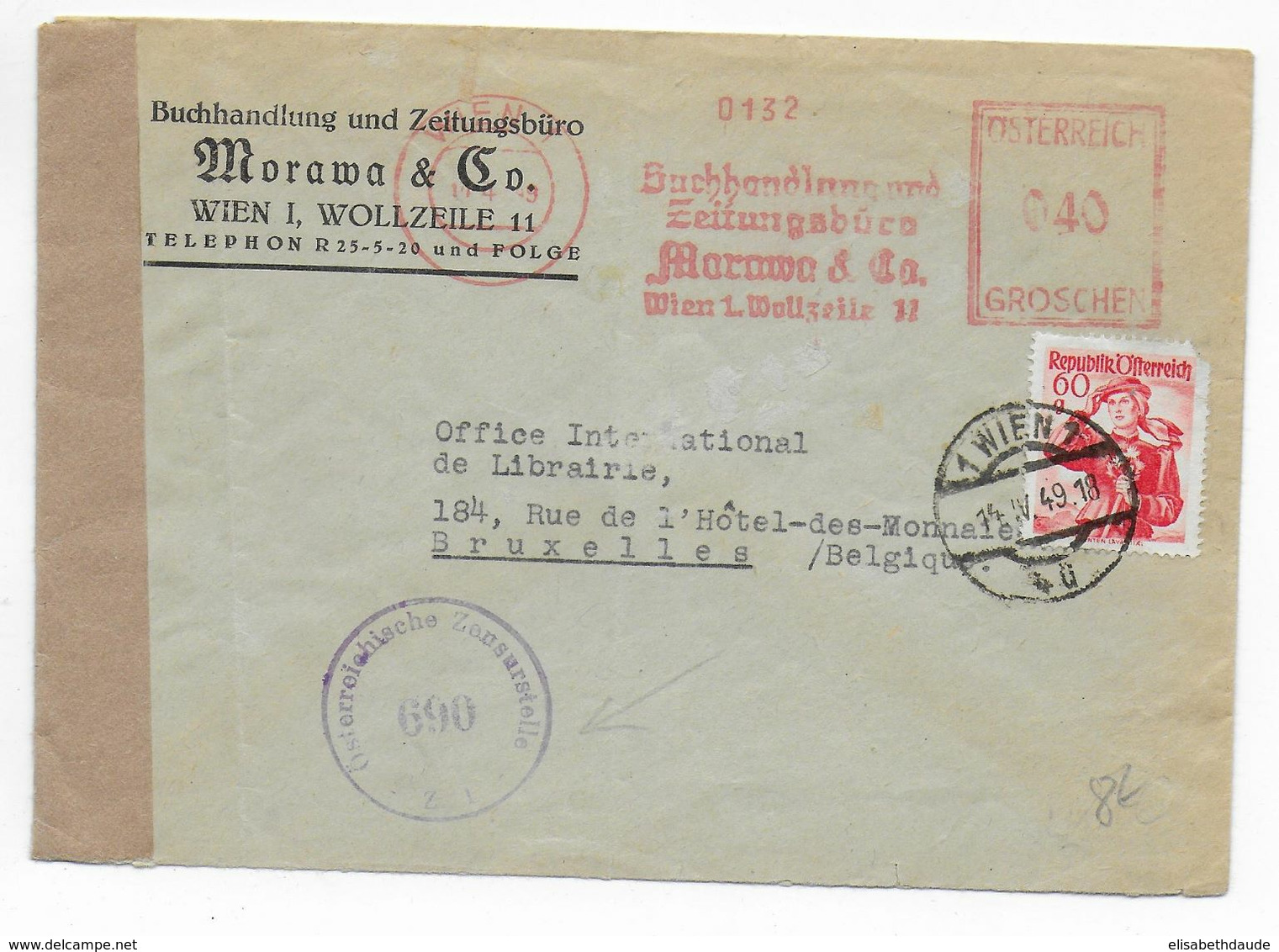 AUTRICHE - 1949 - ENVELOPPE CENSUREE Avec EMA + TIMBRE De WIEN => BRUXELLES - Macchine Per Obliterare (EMA)