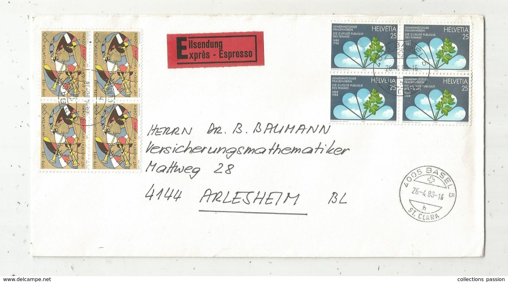 Lettre ,8 Timbres ,SUISSE , HELVETIA ,4005 BASEL ,ST. CLARA ,EXPRES, 44 ARLESHEIM , 3 Scans , Frais Fr 1.55 E - Marcophilie