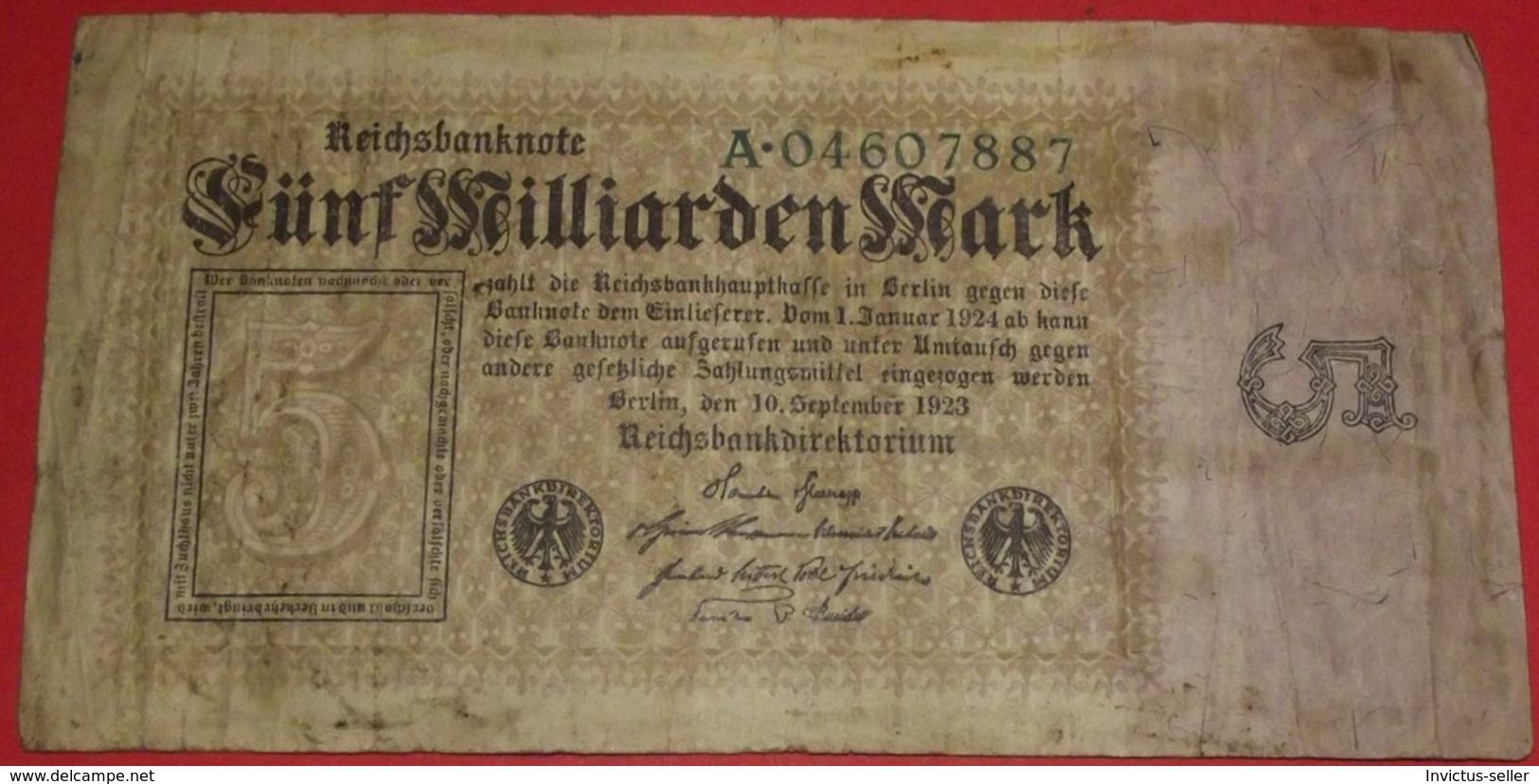 1923  GERMANIA REPUBBLICA DI WEIMAR BANCONOTE TEDESCA 5 MILLIARDEN MARK GERMANY BANKNOT BILLET DE BANQUE ALLEMAND - 5 Mrd. Mark