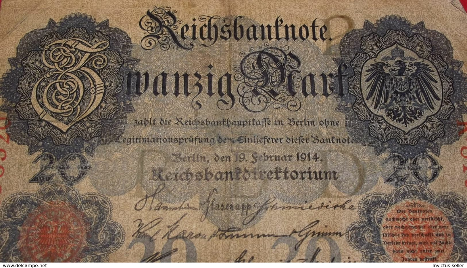 1914  GERMANIA PRIMA GUERRA MONDIALE BANCONOTE TEDESCA 20 REICH MARK GERMANY BANKNOT BILLET DE BANQUE ALLEMAND NAZI - 20 Mark