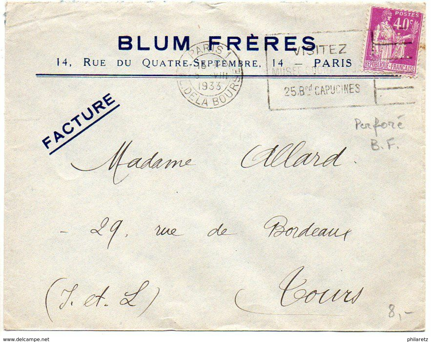 40c Paix PERFORE B.F. Sur Lettre De 1933 à En-tête 'Blum Frères / Paris' - 1921-1960: Periodo Moderno