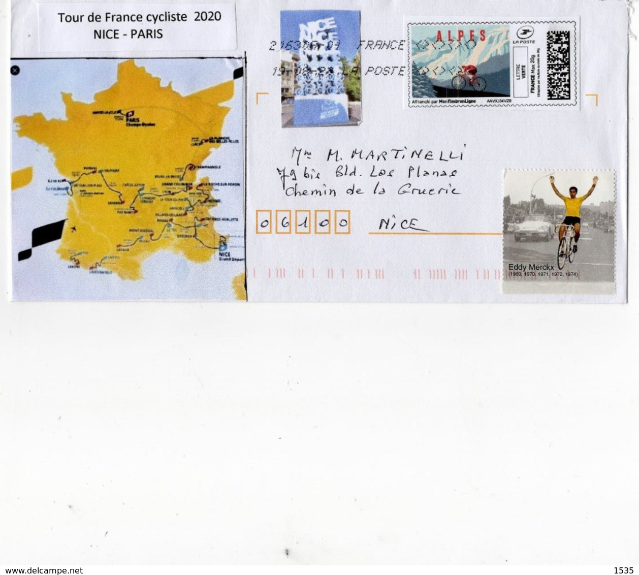 France, Lettre Tour De France Cycliste 2020,Nice-Paris, Avec Montimbrenligne, Et Vignettes. - Sellado Mecánica (Otros)