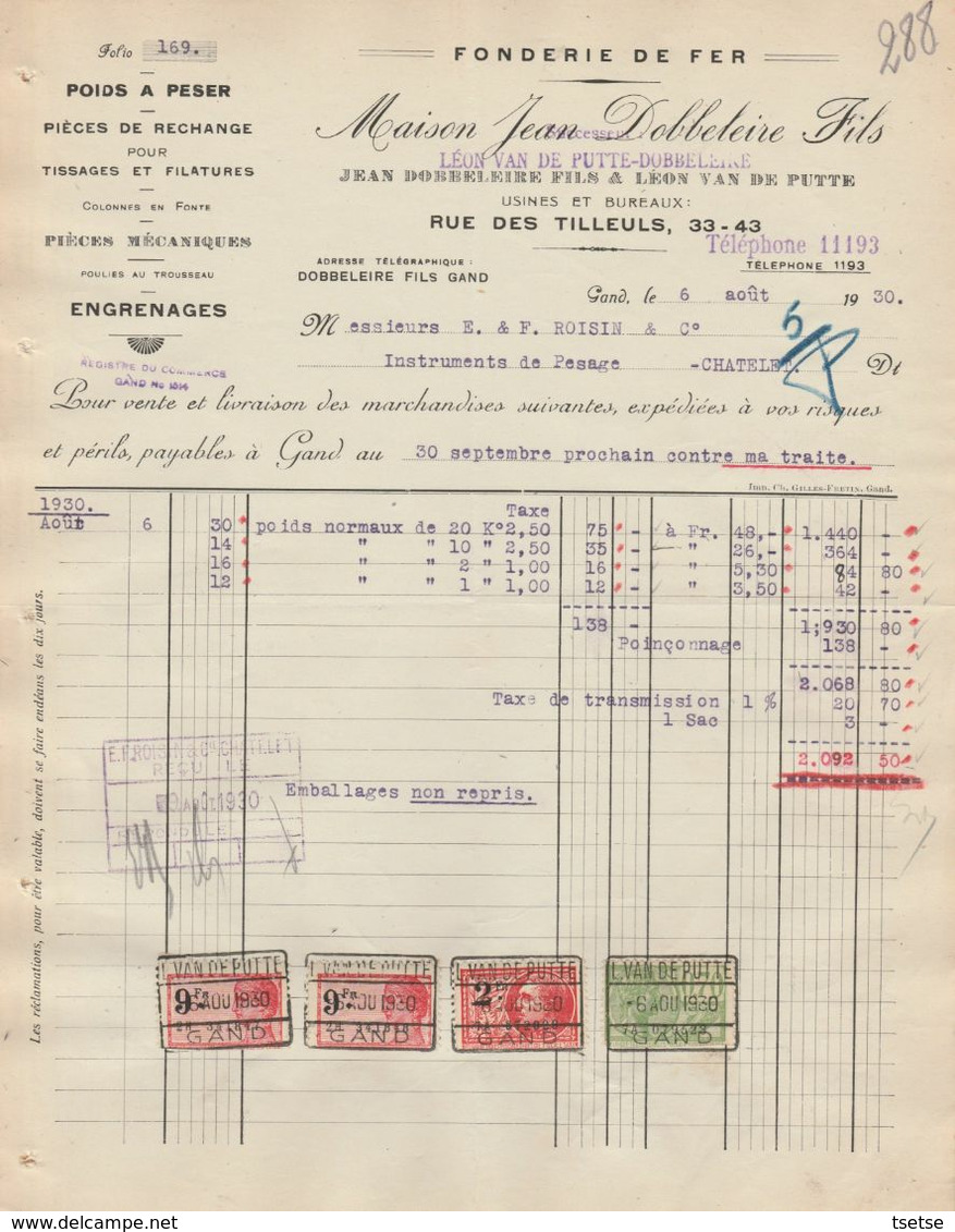 Facture - Maison Jean Dobbeleire & Fils - Instruments De Pesage - Gand/ Gent -1930 - Petits Métiers