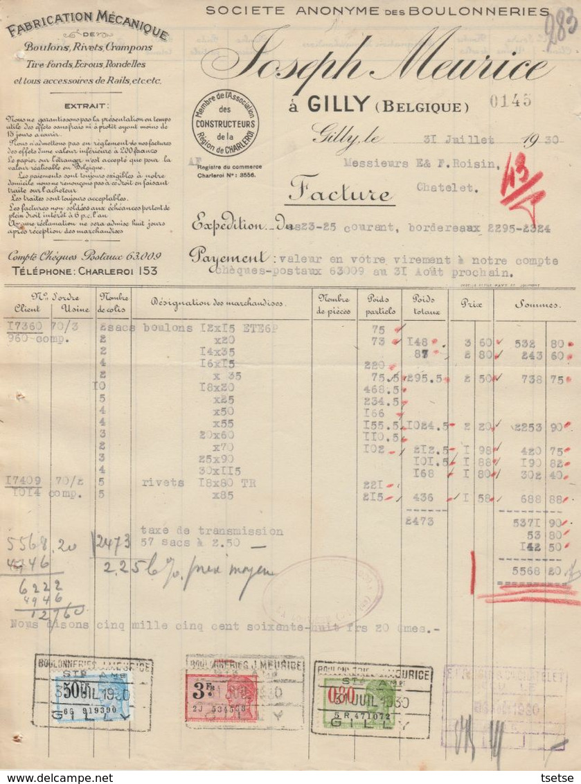 Facture - Fabrication Mécanique , Boulonneries - Joseph Meurice - Gilly  -1930 - Ambachten