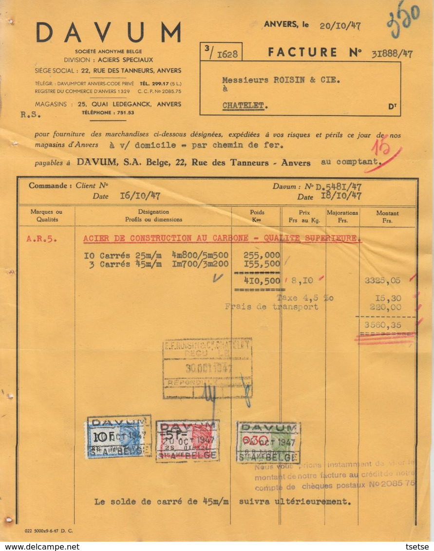 Facture - Société Davum - Aciers Spéciaux - Anvers / Antwerpen  - 1947 - Straßenhandel Und Kleingewerbe