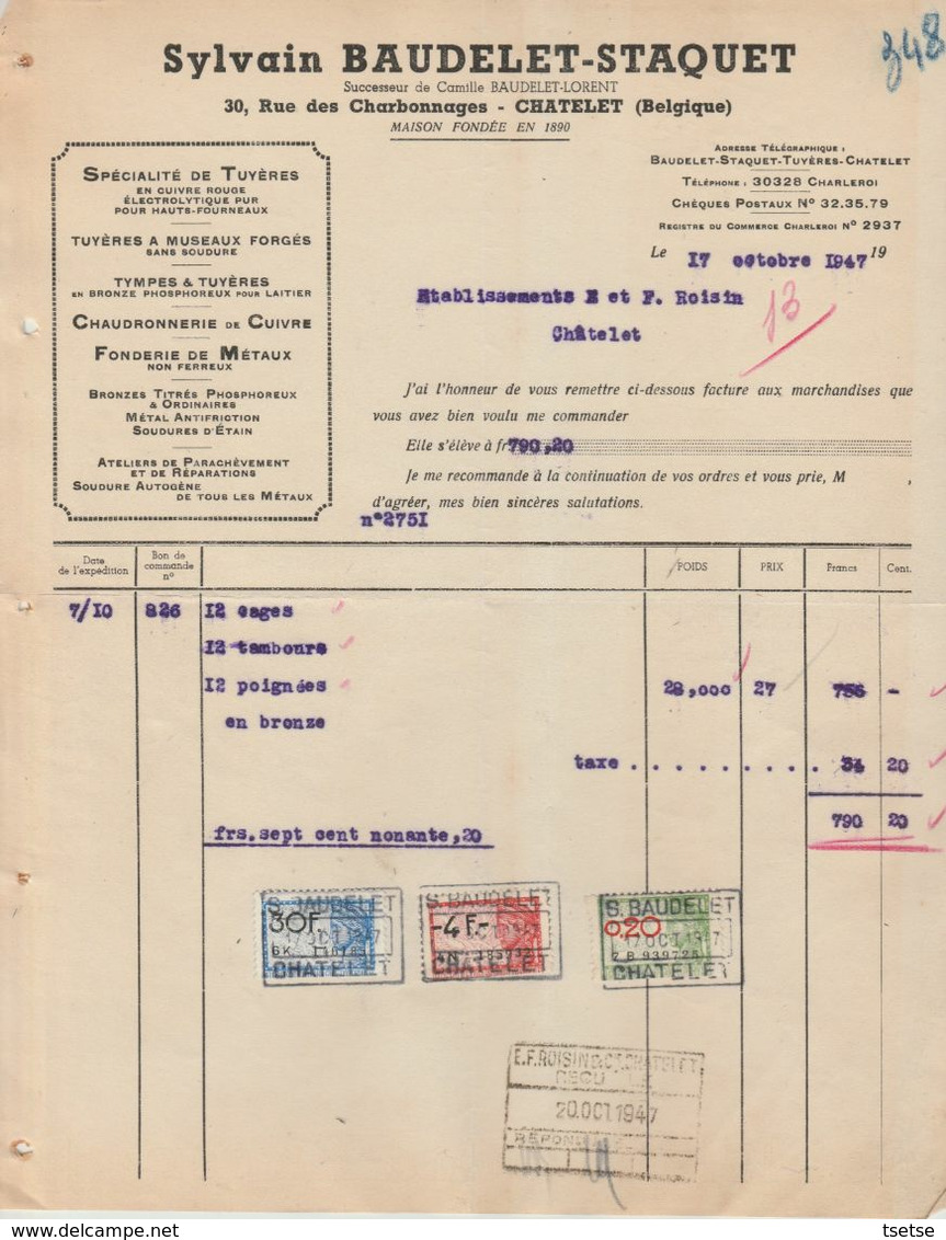 Facture - Sylvain Baudelet-Staquet - Chaudronnerie /Fonderie - Châtelet - 1947 - Petits Métiers