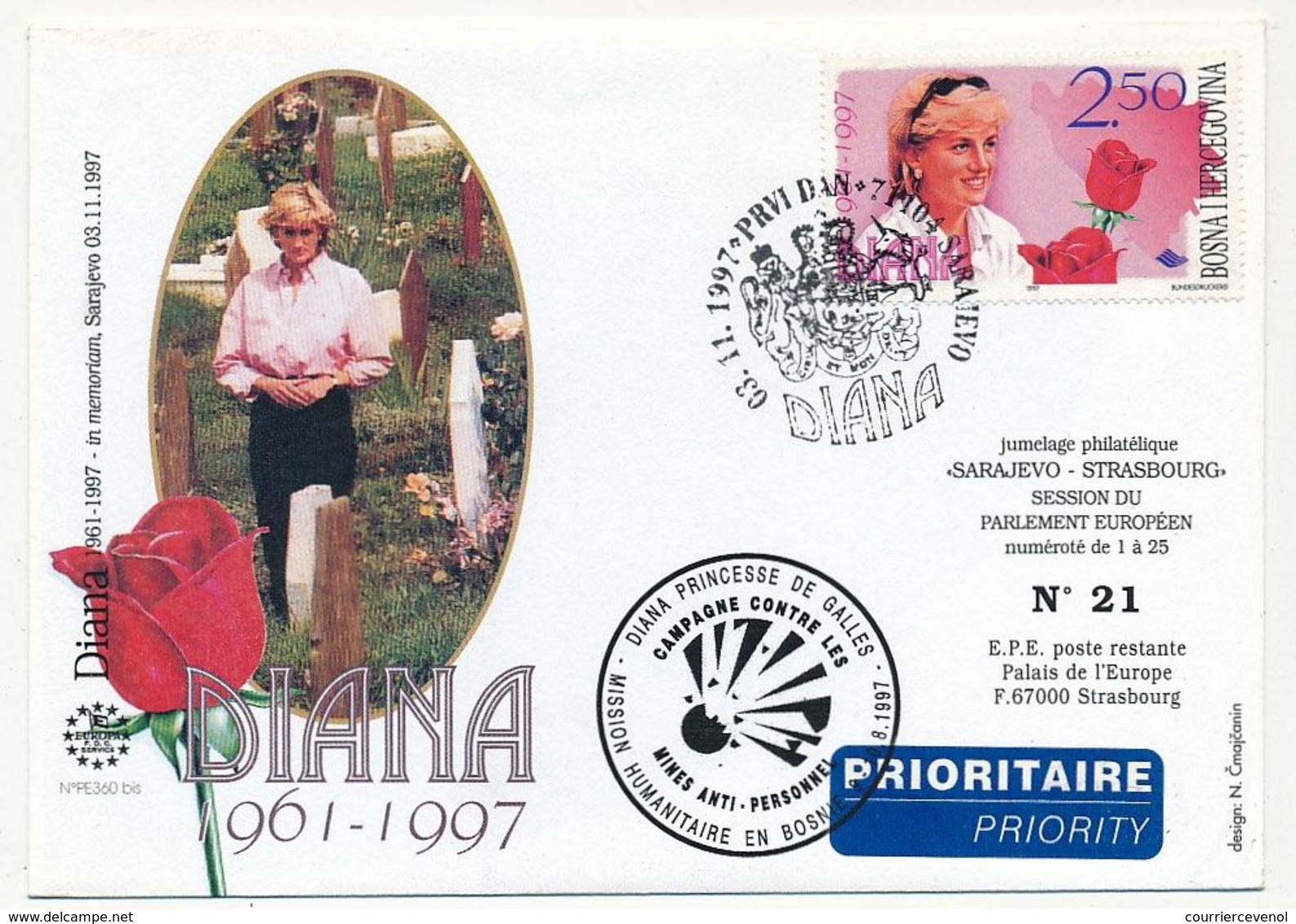 BOSNIE-HERZEGOVINE - DIANA, Princesse De Galles - Premier Jour + Cachet Privé Mission Humanitaire En Bosnie 1997 - Bosnia Erzegovina
