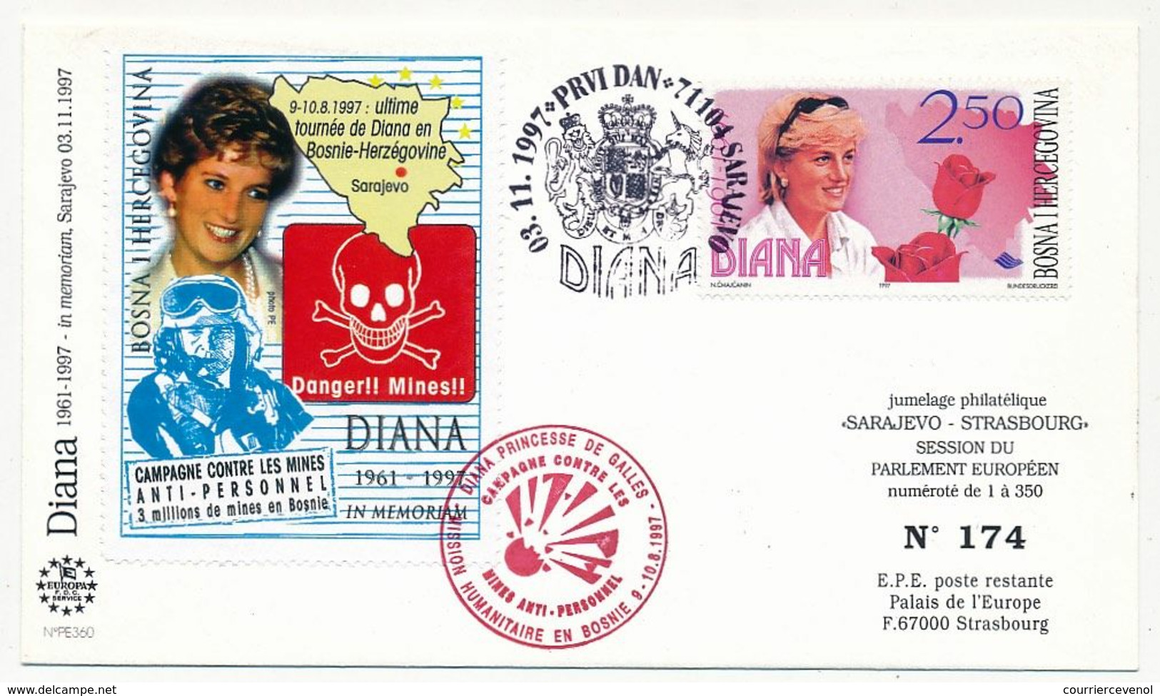 BOSNIE-HERZEGOVINE - DIANA, Princesse Galles - Premier Jour + Cachet Privé Mission Humanitaire En Bosnie / Vignette 1997 - Bosnia And Herzegovina