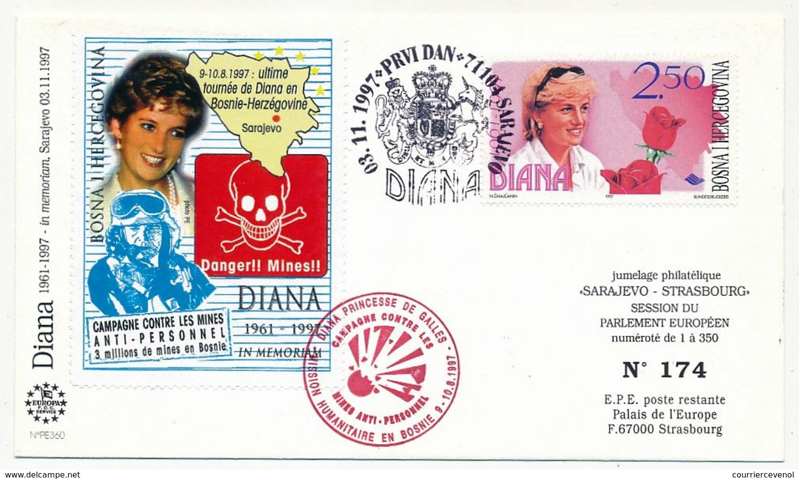 BOSNIE-HERZEGOVINE - DIANA, Princesse Galles - Premier Jour + Cachet Privé Mission Humanitaire En Bosnie / Vignette 1997 - Bosnia Herzegovina