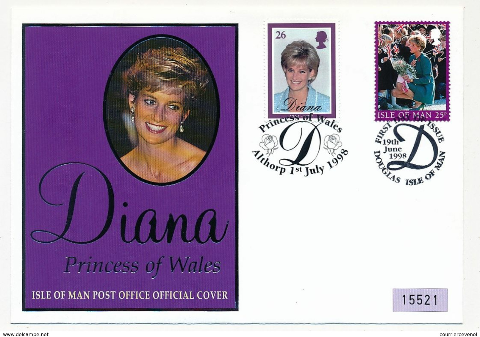 ILE DE MAN - Diana, Princess Of Wales 19/6/1998 + Grande Bretagne Cachet Illustré Althorp 1/7/1998 - Man (Ile De)