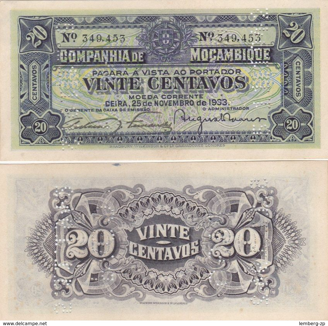 Mozambique - 20 Centavos 1933 / 1942 AUNC Lemberg-Zp - Mozambique