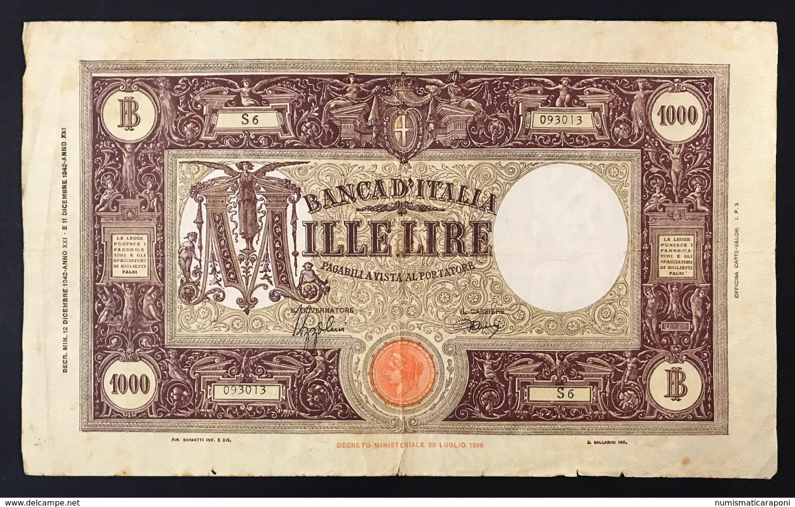 1000 LIRE BARBETTI GRANDE M FASCIO 12 12 1942 Raro Biglietto Naturale MB+ LOTTO 3282 - 1000 Lire