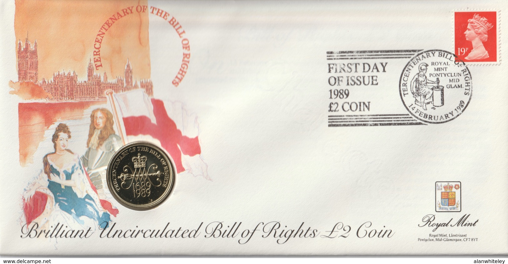 GREAT BRITAIN 1989 GBP2.00 Bill Of Rights: PNC CANCELLED STAMP/UNCIRCULATED COIN - 2 Pounds