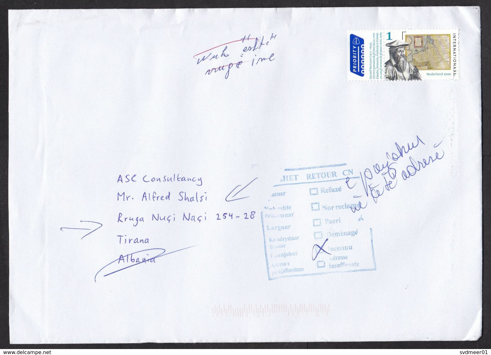 Netherlands: Cover To Albania, 2020, 1 Stamp + Tab, Atlas, Map, Returned, Retour Cancel, Cancels At Back (minor Crease) - Storia Postale