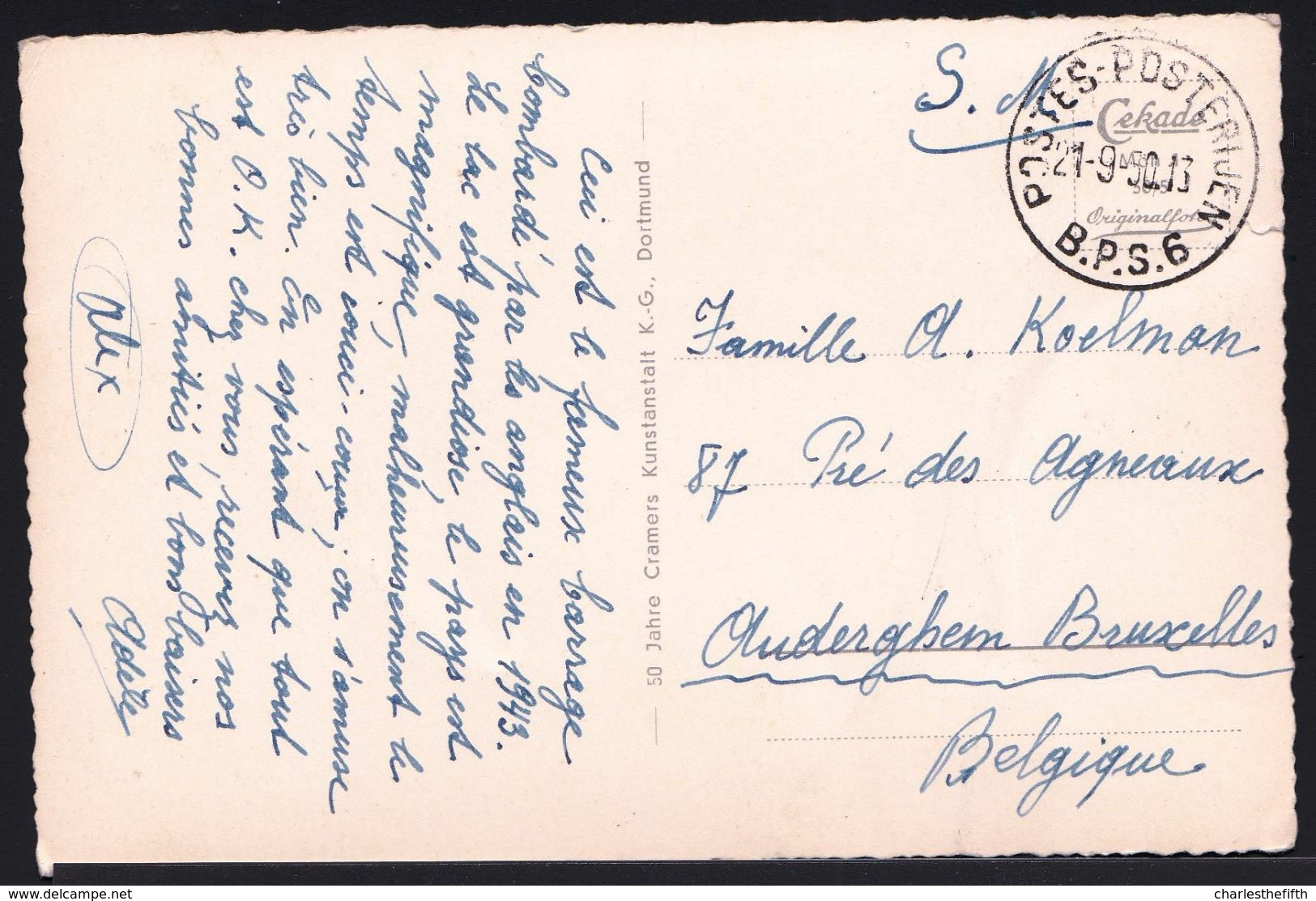 OCCUPATION - Service Militaire ** POSTES - POSTERIJEN B.P.S.6 - 21-9-50 / - MÖHNE TALSPERRE > OUDERGEM - Legerstempels