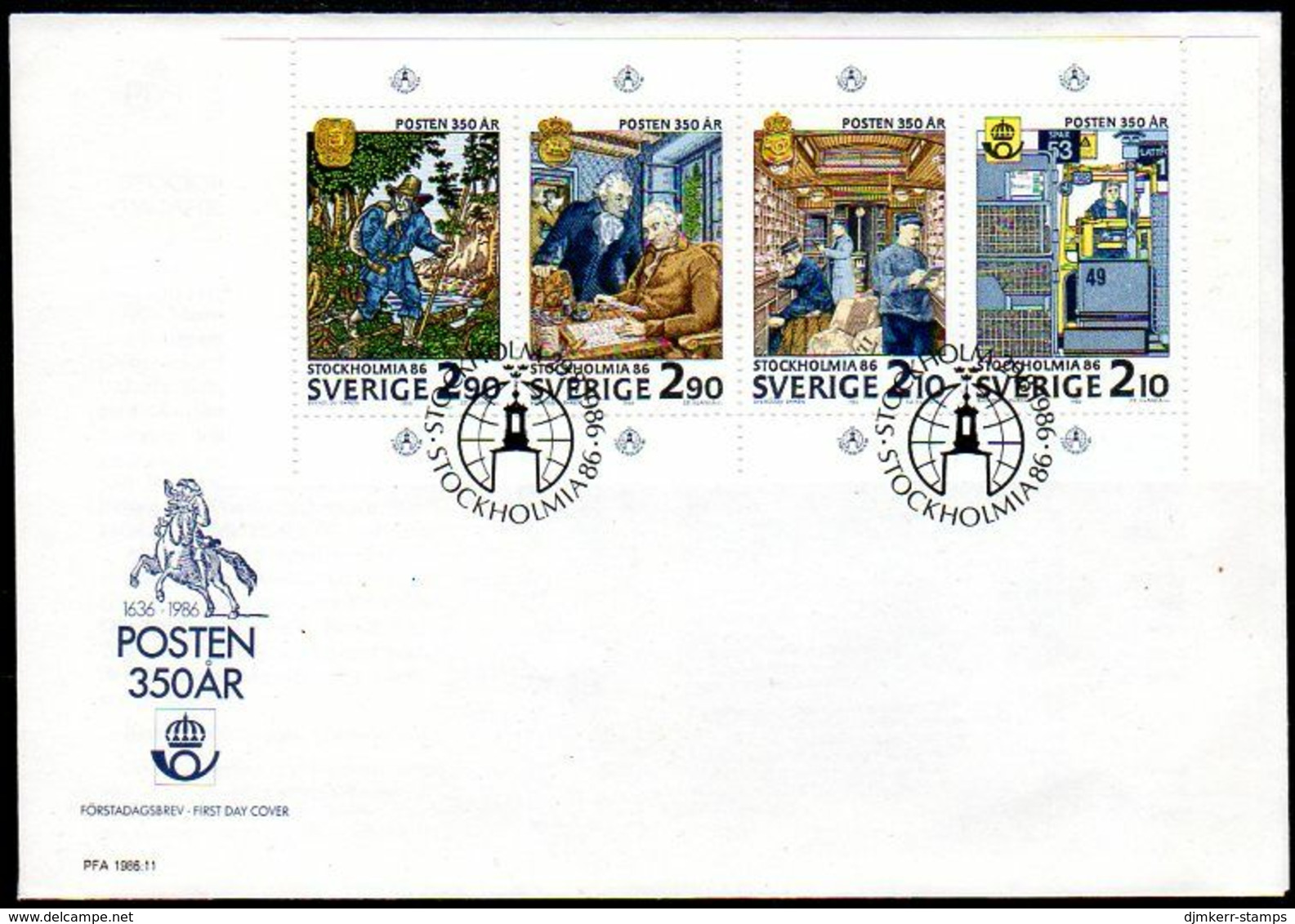 SWEDEN 1986 Stockholmia '86 (V) 350th Anniversary Of Swedish Post FDC. Michel 1399-1402 - FDC