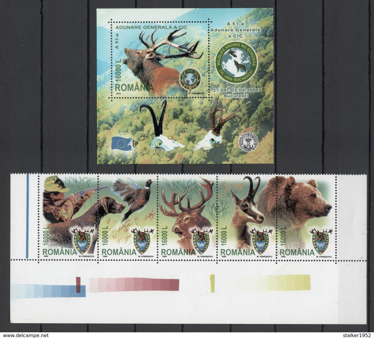 Romania 2004 Rumänien Mi 5816-5820 + Block 339 International Hunting Council. Dog. Bear. Red Deer. Pheasant **/MNH - Beren