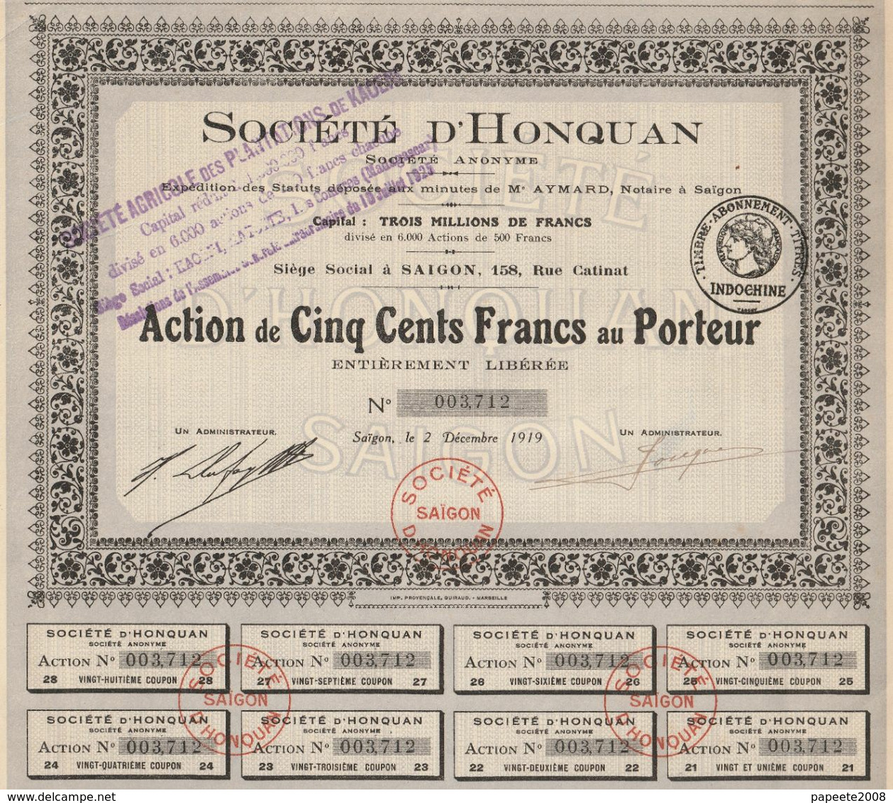 Indochine - Société D'Honquan / Action De 500 F De 1919 - Asien