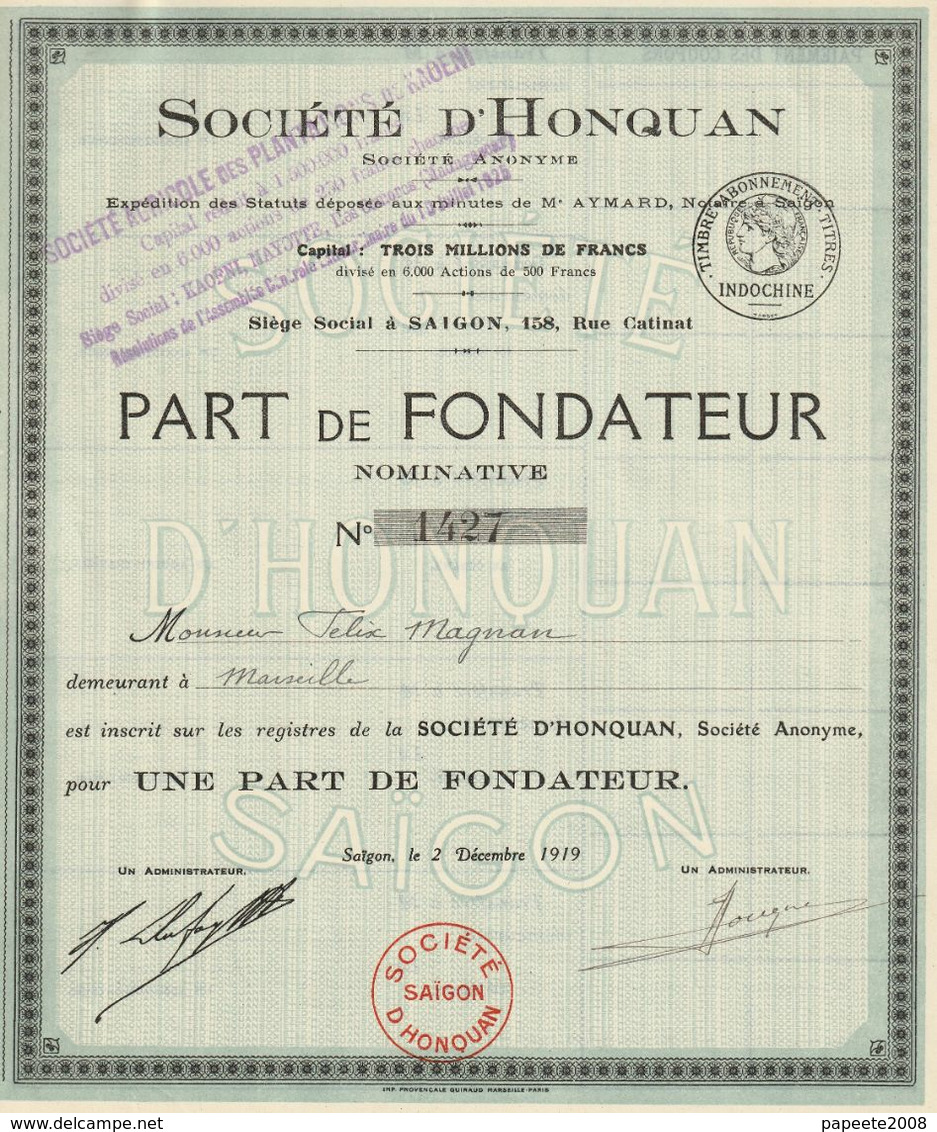 Indochine - Société D'Honquan / Part De Fondateur De 1919 - Asie