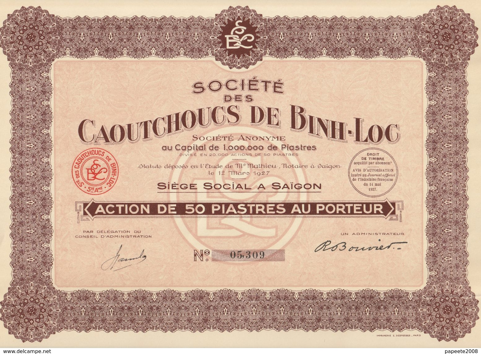 Indochine - Sté Des Caoutchoucs De Binh-Loc / Action De 50 Piastres De 1927 - Azië