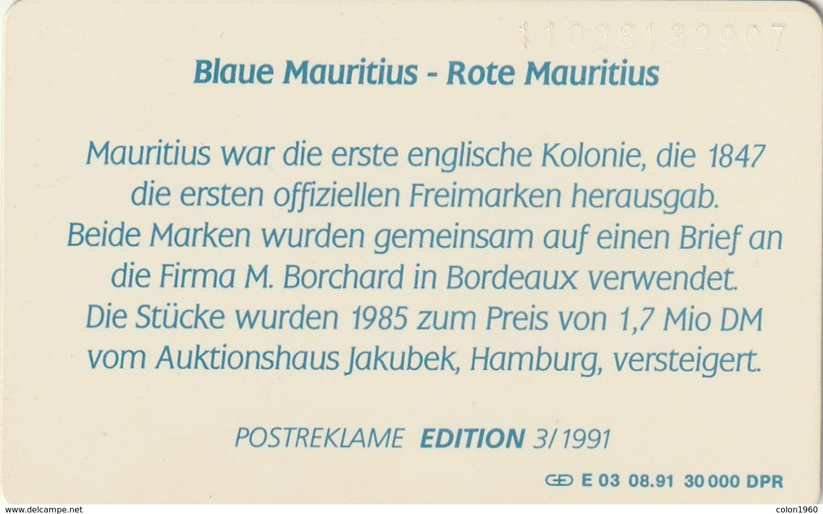 ALEMANIA. Postage Stamps 3 - Blue Mauritius + Red Mauritius. DE-E 03/91. (491) - E-Reeksen : Uitgave - D. Postreclame