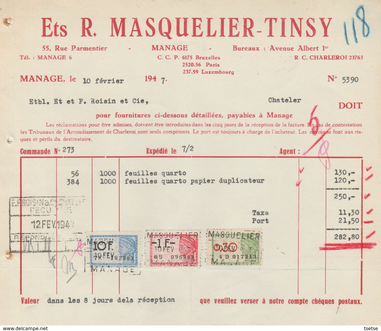 Facture - Ets. R . Masquelier-Tinsy - Fournitures De Bureau , Papeterie - Manage / Charleroi - 1947 - Artigianato