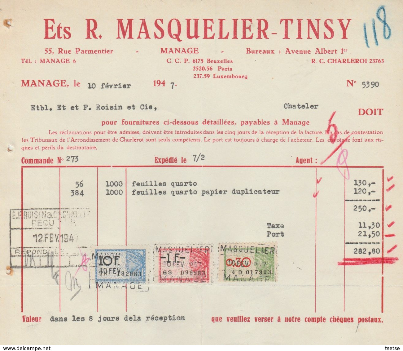 Facture - Ets. R . Masquelier-Tinsy - Fournitures De Bureau , Papeterie - Manage / Charleroi - 1947 - Straßenhandel Und Kleingewerbe
