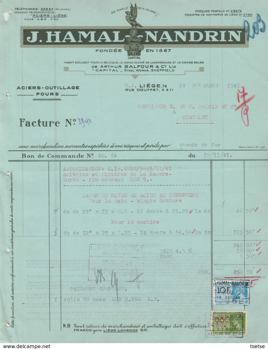 Facture - J. Hamal-Nandrin - Aciers , Outillage -  Liège - 1941 - Ambachten