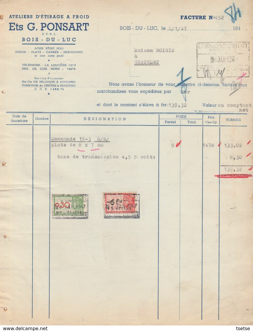 Facture - Ets. Ponsart - Atelier D'étirage à Froid -  Bois-du-Luc - 1947 - Petits Métiers