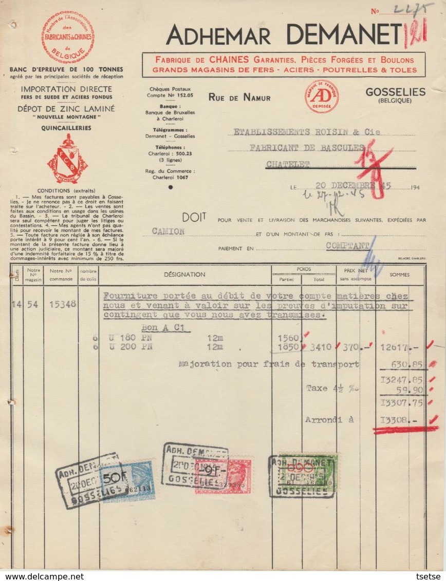 Facture - Ademar Demanet - Fabrique De Chaînes,boulons , Poutrelles -  Gosselies - 1945 - Ambachten