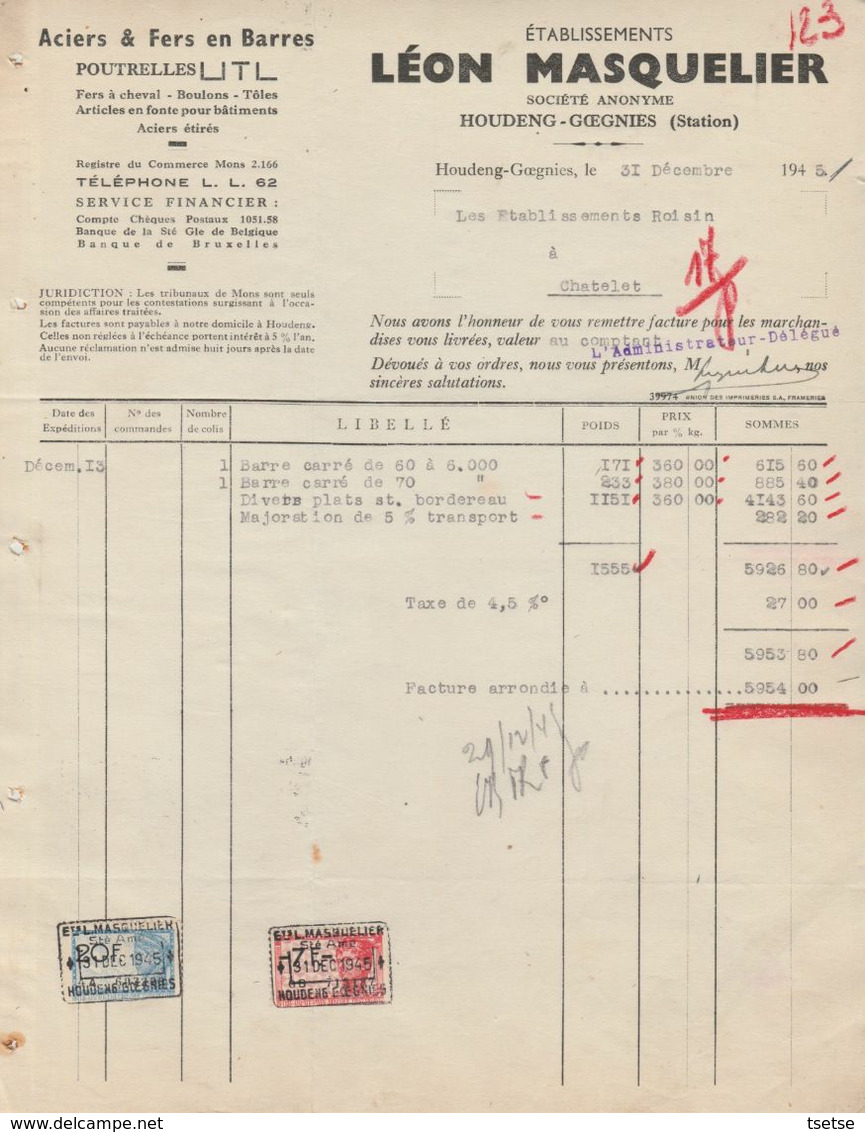 Facture - Ets. Léon Masquelier - Aciers & Fers En Barres - Houdeng-Goegnies - 1945 - Petits Métiers