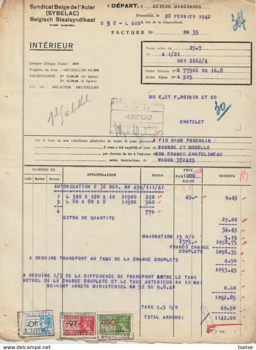 Facture - Syndicat Belge De L'Acier  - Aciers Marchands - Bruxelles - 1942 - Straßenhandel Und Kleingewerbe