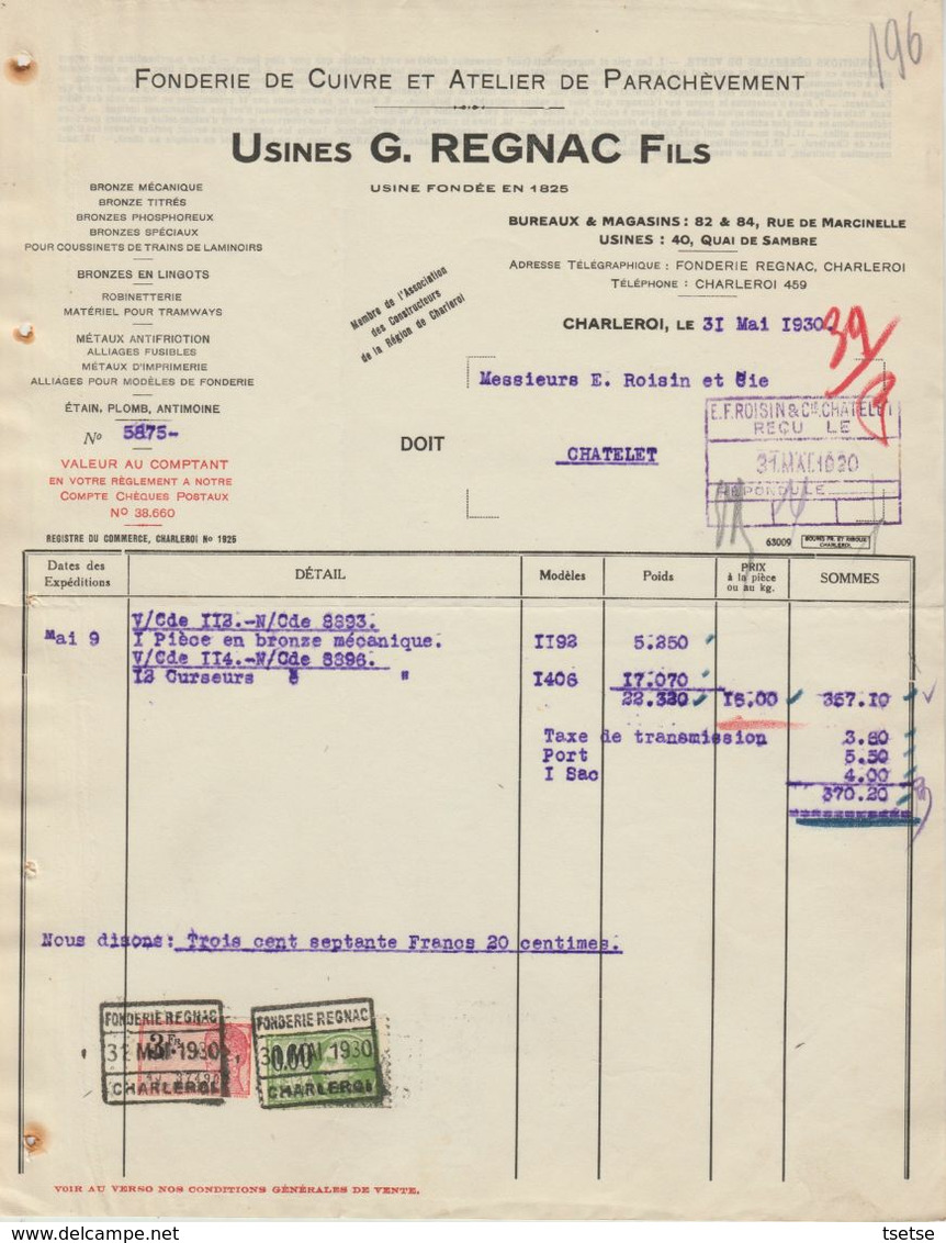 Facture - Usine G. Regnac & Fils  - Fonderie De Cuivre - Charleroi - 1930 - Ambachten