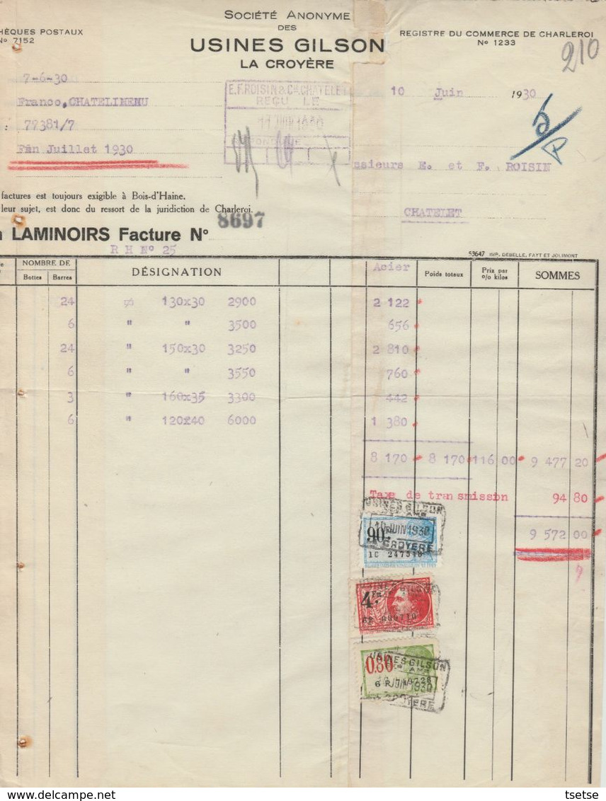 Facture - Usines Gilson - Laminoirs - La Croyère - 1930 - Petits Métiers