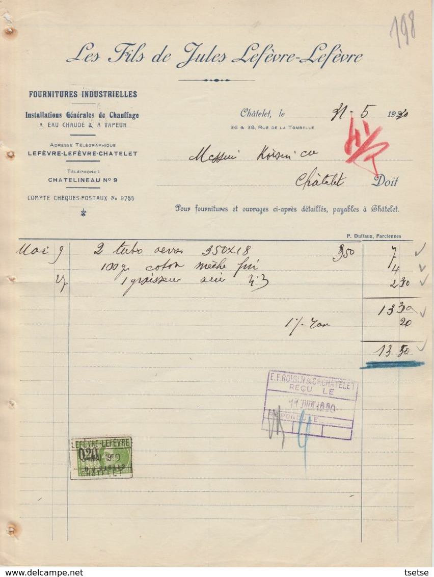 Facture - Les Fils De Jules Lefèvre-Lefèvre - Fournitures Industrielles - Châtelineau - 1930 - Ambachten