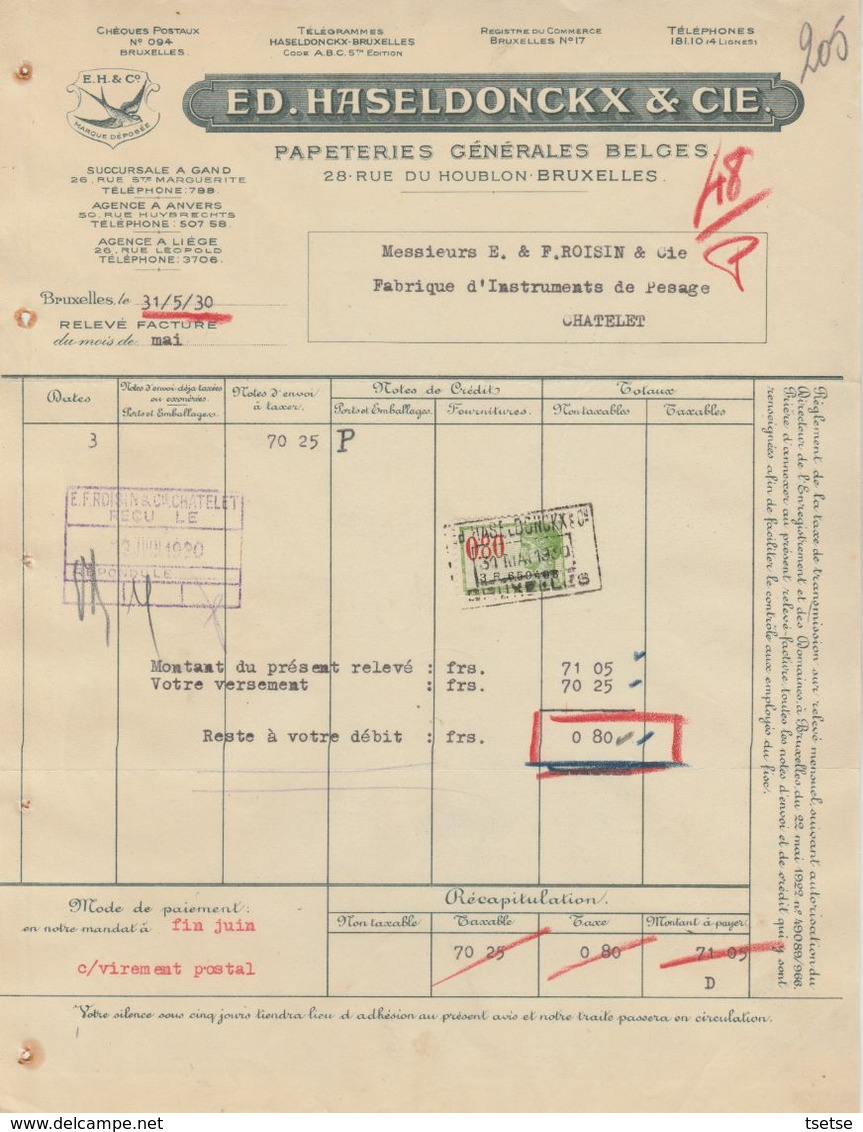 Facture - ED. Haseldonck & Cie - Papeterie Générales Belges - Bruxelles - 1930 - Petits Métiers