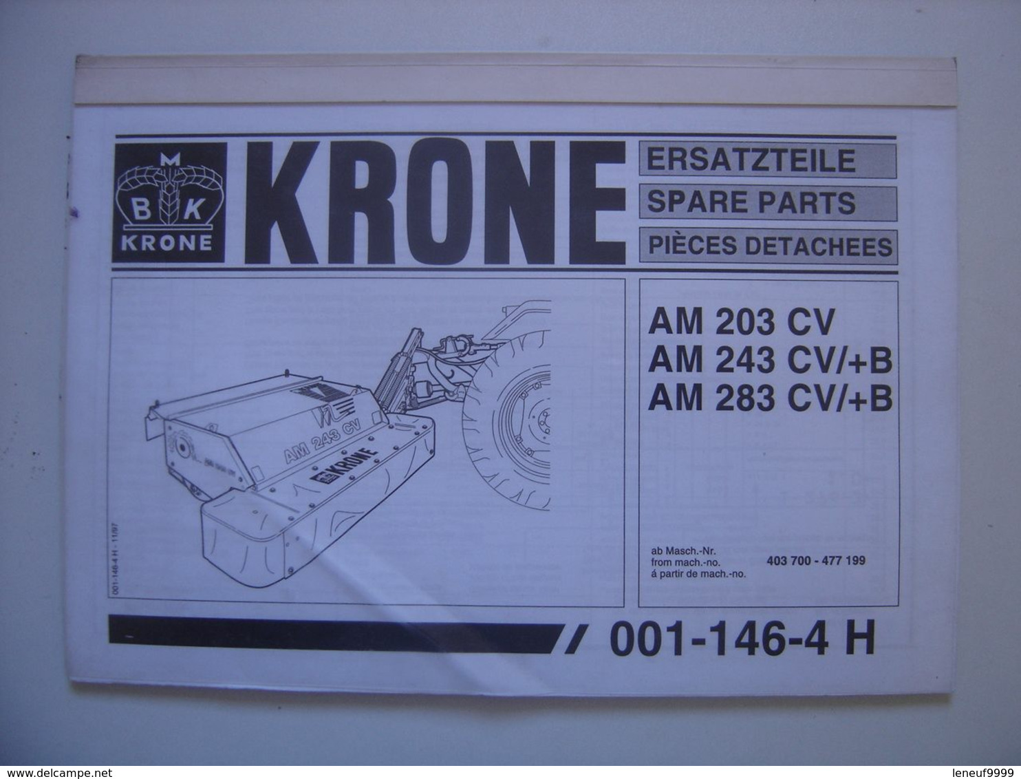 Manuel KRONE Materiel Agricole AM 243 CV Ersatzteile Spare Parts Pieces Detachee - Tracteurs