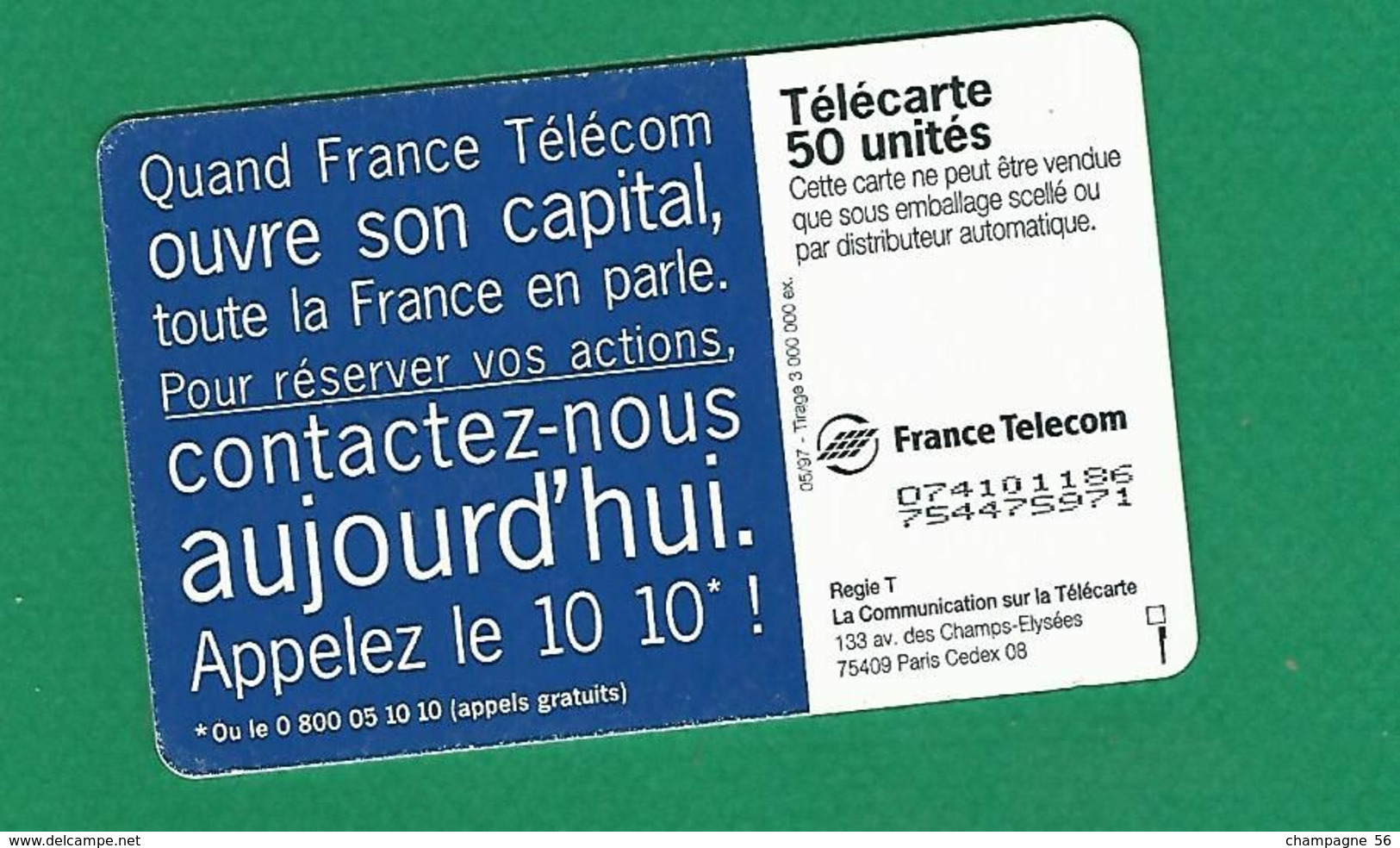 VARIÉTÉS FRANCE 97 F784E 50 / 05/97  OB2  TOITS CAPITAL FRANCE TELECOM  50 UNITES UTILISÉE - Varietà