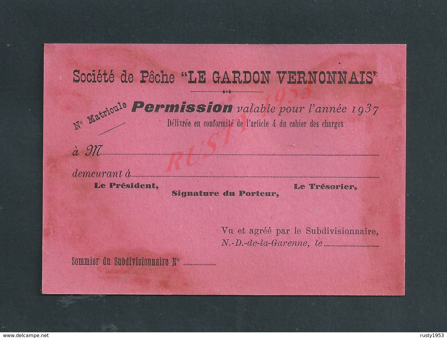 CARTE SOCIÉTÉ DE PÊCHE LE GARDON VERNONNAIS 1937 À VERNON VIERGE : - Pesca