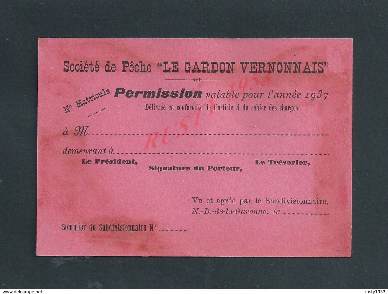 CARTE SOCIÉTÉ DE PÊCHE LE GARDON VERNONNAIS 1937 À VERNON VIERGE : - Fischerei