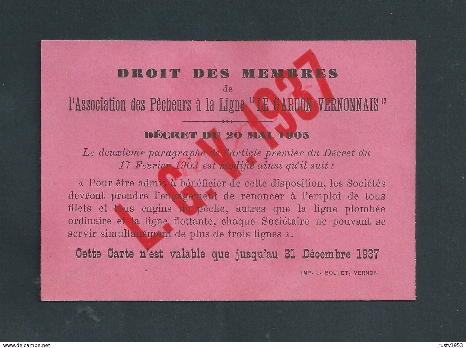 CARTE SOCIÉTÉ DE PÊCHE LE GARDON VERNONNAIS 1937 À VERNON VIERGE : - Fischerei