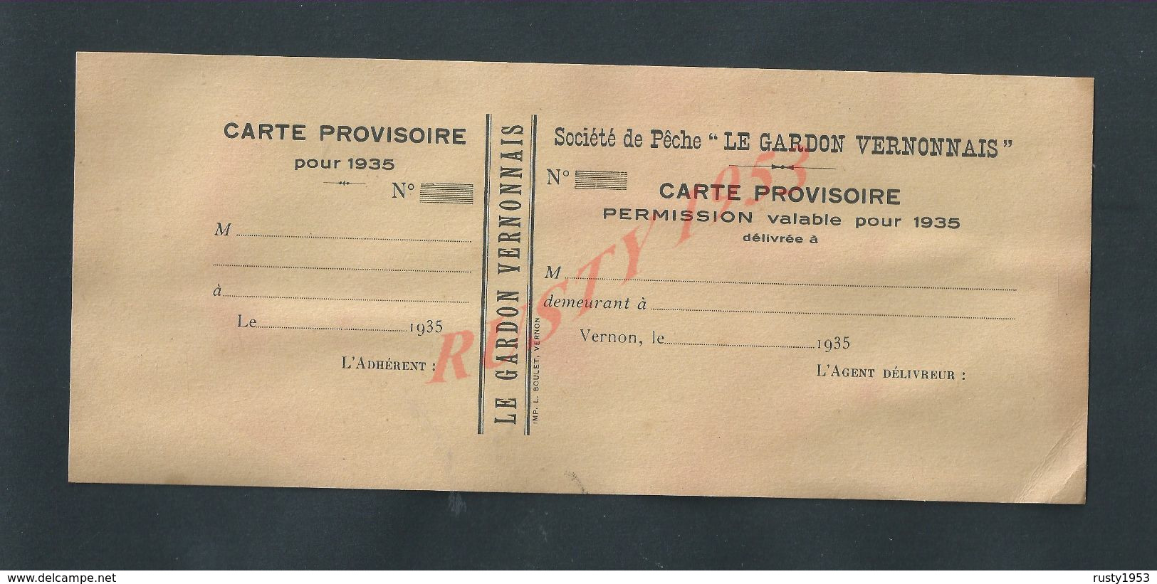 CARTE SOCIÉTÉ DE PÊCHE LE GARDON VERNONNAIS 1935 À VERNON VIERGE : - Pêche